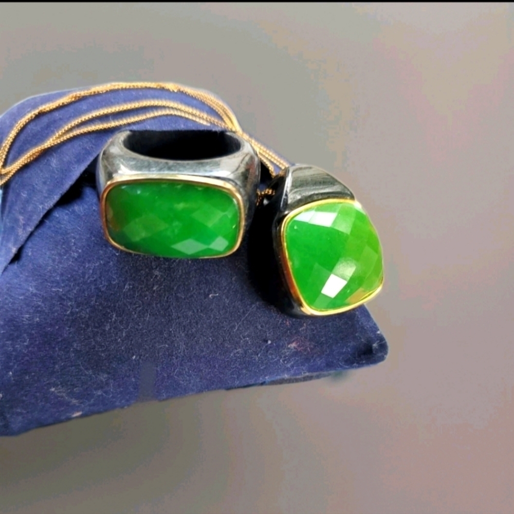 Jadeite Jade Ring Necklace Set Gold Plated Sterling Silver Size 7
